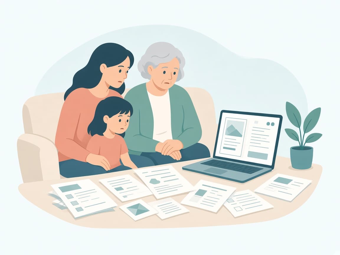 Illustration d'une famille face à des documents administratifs complexes