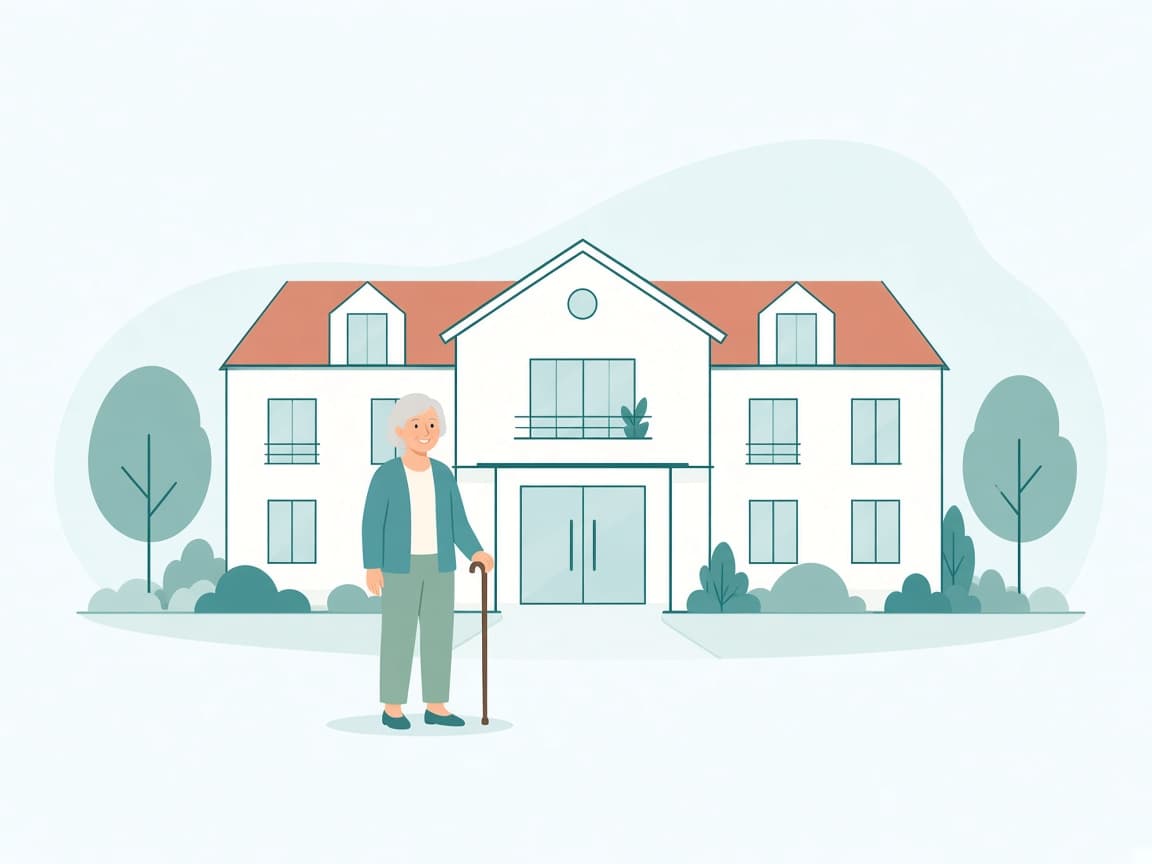 Illustration d'une personne âgée devant une résidence pour seniors